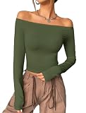 Matunana Schulterfreies Damen-Top, langärmelig, Basic-T-Shirt, Ausgehen, niedlich, Y2K, Herbstmode 2024, Army Grün, X-Groß