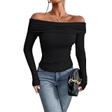 AOWVUTS Langarmshirt Damen Schulterfrei T-Shirt Basic Crop Top Y2K Slim Fit Oberteile Enges Elegant Langarm Oberteil Casual Stretch Tee Shirt Einfarbig Lässige Streetw
