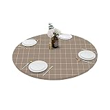 Runde Tischdecke mit elastischen Kanten, wasserdicht, ölbeständig, abwischbar, Kariertes Tuch for Zuhause, Terrasse, Garten(Coffee,Diameter 140cm)