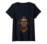 Damen Ein Dackel mit Steampunk Brille Halsband und Zylinder Tattoo T-Shirt mit V