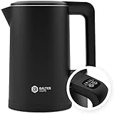 Balter Edelstahl Wasserkocher mit Temperatureinstellung, 40°C-100°C, Doppelwand, BPA frei, elektrischer Wasserkocher, Teekocher Kompakt, 1,7L, 2200W, leise, Schw