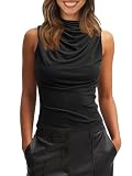 Imily Bela Damen Tank Top Ruched Stehkragen Tops Sexy Ärmellos T-Shirts Sommer Wasserfall Camisole Oberteil(Schwarz, M)