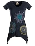 Vishes - Alternative Bekleidung - Asymmetrisch geschnittenes Longshirt, Elfen Tunika mit großen Blumen Bedruckt schwarz 42