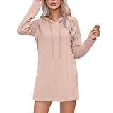 Freizeitkleid Damen Rundkragen Langen Ärmeln Mini-Sweatshirtkleid Niedlich Minikleid Einfarbig Herbstkleider Niedlich Lässig Pullover Hoodie Shirt mit Taschen(Rot,M)