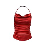 Damen Drapierung Cowl Neck Neckholder Tops Ärmelloses Plissiertes rückenfreies Tank-Top Solide Farbe Slim Camisole Cami Shirts (Rot,S)