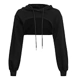 Hoodie Damen, Damen Crop Hoodie Pullover Sehr Kurz Sweatshirts Langarm Pulli Rundkragen Cut Outs Shirts mit Kapuze Sport Streetwear Sweatshirts Kapuze Bluse Top