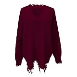 YCBMINGCAN Kuschelpullover Damen Fransen, lässiges Oberteil, oder Winter, gestrickter, lockerer Pullover Strickpullover Kurzarm Damen (Wine, S)