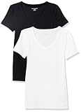 Amazon Essentials Damen Basic V-Ausschnitt T-Shirt mit Kurzen Ärmeln, Schmale Passform, 2er-Pack, Schwarz/Weiß, S