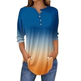 Knopfleiste vorne Tops für Frauen UK Langarm Rollkragen Top Bluse Tunika Übergröße Tops Farbverlauf Farbe Basic Langarm T-Shirt Relaxed Fit Sommer Elegant Casual Damen Blusen, Dunkelblau1, L