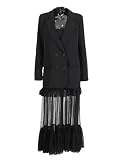 Zweiteiliges Damen-Set, gekerbter Kragen, lange Ärmel, Mantel, hohe Taille, plissiert, Camisole aus Netzstoff, Schwarz , XL