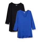 Amazon Essentials Damen Swing-T-Shirt mit 3/4-Ärmeln und V-Ausschnitt (erhältlich in Übergröße), 2er-Pack, Schwarz/Königsblau, L