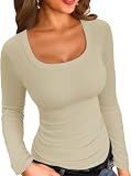 ELFIN Damen Langarmshirt Gerippt Slim Fit Basic T-Shirt Langarm Oberteile Elegant Rundhals Stretch Pullover Casual Bluse Tops Ribbed Hemd Tee Shirts Einfarbig (L, Aprilkose)