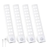 Schrankbeleuchtung LED mit Bewegungsmelder 2000mAh, 40 LEDs Unterbauleuchte Küche 20CM, USB-C Wiederaufladbar 3 Farbmodi Dimmbar Lichtleiste für Schlafzimmer Badezimmer Kleiderschrank RV - 4 Stück
