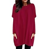 Langarmshirts Damen Mit Tasche, Oversize Pullover,Longshirt Einfarbig Lose Große Größen Casual Modern Rundhals Lang Langarm-Hemden Oberteile Blusentops Top T-Shirts Shirts Hemd B