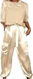 Sunlighty Glattes Satin-Oberteil und Hose, halblange Ärmel, Damen-Sommer, lässig, Satin, 2-teiliges Outfit, Jogger-Kurzarm-Set, aprikose, XL