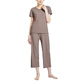 Generisch Damen-T-Shirt, kurzärmelig, Rundhalsausschnitt, lässig, mit Muschelsaum, einfarbig, für Zuhause und im Freien, Basisschicht-T-Shirt Pyjama Set (Coffee, L)