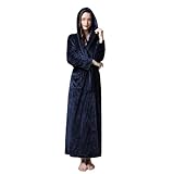 Damen-Bademantel mit Kapuze, Kimono, Winter, lang, Korallen-Fleece, Bademantel, Duschmäntel, lockeres Nachthemd, marineblau, M