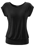 Fleasee Damen T-Shirt Kurz Ärmel Bluse Stretch Lässig Tunika Allover Druck Oberteile Top L Schw