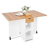 Mondeer Mobiler Klapptisch, Klappbarer Esstisch Geeignet für kleine Räume mit 1 Schublade und 2 Ablagen für Esszimmer Küche Weiß und Roteiche H1071KT01ME 72 x 120 x 75