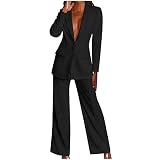 EMATOP Lange Hosenanzug Damen 2 Teiler Business Anzug Set Casual Langarm Tracksuit Elegante Einfarbig Blazer Jacke und Hosen Outfit Sexy Festlich Freizeitanzug mit Taschen Workout S