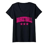 Damen Klassischer College-Text „Basketball All Pink Stars“ im Retro-Look T-Shirt mit V