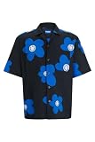 HUGO Herren Eligino Oversized Hemd aus Baumwoll-Popeline mit Blumen-Print Schwarz001 XL