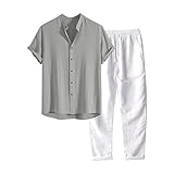 Generisch 2025 - Herren Casual Frühling Einfarbig Kurzarm Turndown Kragen Top Lange Hosenanzug Karate Anzug Für Kinder 140 (Grey, L)