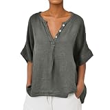 Bluse Damen Sommer locker Baumwolle Oversized Leinenbluse Basic V-Ausschnitt Halbarm T-Shirt Lässig Musselin Oberteile Leinenhemd Button Down Shirts Mode Licht Luftig Hemdbluse Tunika Top