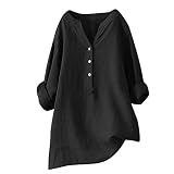 Damen 2025 Oversized Leinen Crinkle Gaze Shirts Solid Stehkragen Baumwolle Sommer Tops Cool Button Down 3/4 Ärmel Club High Low Kleid Boho Asymmetrisch Flowy Langarm V-Ausschnitt, Schwarz , M