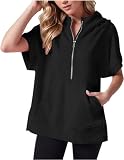 Kurzärmelige Oversize-Hoodies für Damen, Sommer, lässig, halber Reißverschluss, einfarbig, Flügelärmel, Y2K-Pullover, Tops mit Kängurutasche, Y2K, Teenager-Outfit, Schwarz , 42