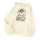Generisch Kapuzenpullover mit Fleecefutter für Damen, mit Halloween-Aufdruck, gemütlicher Langarmpullover Islandpullover Damen Damen Halloween Sweatshirt Damen Halloween Sweatshirt (Beige-A, XXL)