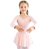 Bezioner Kinder Ballettkleidung Mädchen Ballettkleid Langarm Balletttrikot Ballettanzug Tanzkleid Tanzbody aus Baumwolle mit Chiffon Rock Tütü Rosa 120