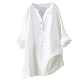GFPGNDFHG Damen Leinenbluse Leinenbluse Oversize Elegant Strand Weiß - Sommerblusen Stehkragen Hemd Freizeit Bluse Damenblusen Oberteile Baumwolle Longbluse Blusenshirt Bügelfrei Sportob