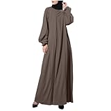 Damen Muslim Abaya Kleid Langarm mit Knopfleiste für Freizeit Dubai Style (Brown, XL)