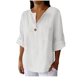 Generisch Damen Bluse 2025 Elegant Linnen-Baumwolle V-Ausschnitt Top Langarm Knopfleiste Casual Oberteile Weiß XL