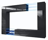 Vladon Wohnwand Mirage, Made in Germany, Anbauwand mit Rückwand mit 2 Türen, 2 Klappen und 6 offenen Glasablagen, Schwarz matt/Schwarz Hochglanz, inkl. LED-Beleuchtung (262 x 183 x 39 cm)