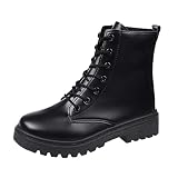 Schuhe Damen Pumps Schwarz Riemchen Mode und Winter Damen Stiefeletten Niedriger Absatz Dicke Sohle rutschfeste Sohle Runde Zehe Schnürung Einfarbig Schwarz Lässiger Stil Warme Damen (Black, 37)