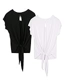 icyzone Damen Rückenfrei Yoga Top Fitness Sport Kurzarm Shirt Oberteil Casual T-Shirt Loose Fit, 2er Pack (M, Black/White)