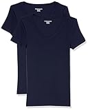 Amazon Essentials Damen Kurzärmeliges T-Shirt mit V-Ausschnitt, Schmale Passform, 2er-Pack, Marineblau, L