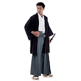 PRINCESS OF ASIA Traditionelles Japan Samurai Kimono Set 3 Teile Hakama Hosenrock + Kendo Gi Shirt + Haori Jacke Baumwolle M L XL (Einheitsgröße, Schwarz & Grau & Weiß)