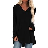 Damen-Tunika, Sommer, leger, langärmelig, zum Ausgehen, lockere Passform, trendiges Strand-T-Shirt, zum Tragen mit Leggings, T-Shirts, T-Shirts, T-Shirt, lange Tunika-Oberteile, Schwarz , L