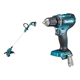 Makita DUR193Z Akku-Rasentrimmer 18V (ohne Akku, ohne Ladegerät) & DDF485Z Akku Bohrschrauber 18 V (ohne Akku, ohne Ladegerät), Blau, Silb
