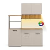 Vicco Singleküche Egbert, Greige, 160 cm mit ausziehbarem Tisch mit LED-L