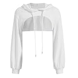 Generisch Hoodie Damen Super Crop Hoodie mit Top Kapuzenpullover Kapuzensweatshirt Kapuzen Langarmshirt mit Tunnelzug Langarm Pulli Rundkragen Cut Outs Shirts Hoodies Locker Casual Oberteil Top