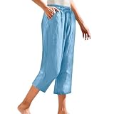 Baumwoll-Leinen-Shorts für Damen, Kordelzug, elastische Taille, knielang, Shorts, Sommer, leicht, atmungsaktiv, kurze Hose mit Taschen, lockerer Komfort, 3/4-Hose für Strand, Picknicks, blau, M