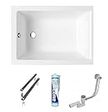 ECOLAM® Badewanne Capri Mini Polimat kleine Wanne Rechteck Acryl weiß 100x70 cm + Ablaufgarnitur Ab- und Überlauf Automatik Füße Silik