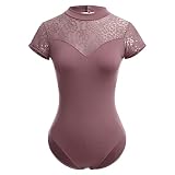 IMEKIS Damen Ballett Trikot Kurzarm Blumenspitze Ballettanzug Einfarbig Gymnastik Trikots mit Abnehmbaren BH-Polster Einteilig Tanz Body Sportlich Rückenfrei Ballerina Tanzkleidung Kostüm Altrosa M