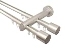 Innenlauf Gardinenstange 2-läufig aus Aluminium und Holz alu silber, 20 mm, Endstück Kappe, 240 cm (2 x 120 cm)