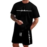 Herren Zweiteiliges Outfit Set mit Kurzarm T-Shirt Shorts Erotischem Print Männermode (Black, L)