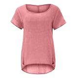 Leinenbluse Damen Sommer Kurzarm Crew Neck T-Shirt Elegant Musselin Bluse Einfarbig Casual Tee Tops Leicht Atmungsaktive Sommerbluse Kurzarmbluse Damenbluse Leinenhemd Tunika Blusentop